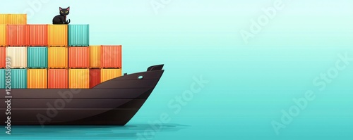 Cargo vessel with curious cat navigating trade routes in calm seas digital illustration vibrant colors whimsical perspective
