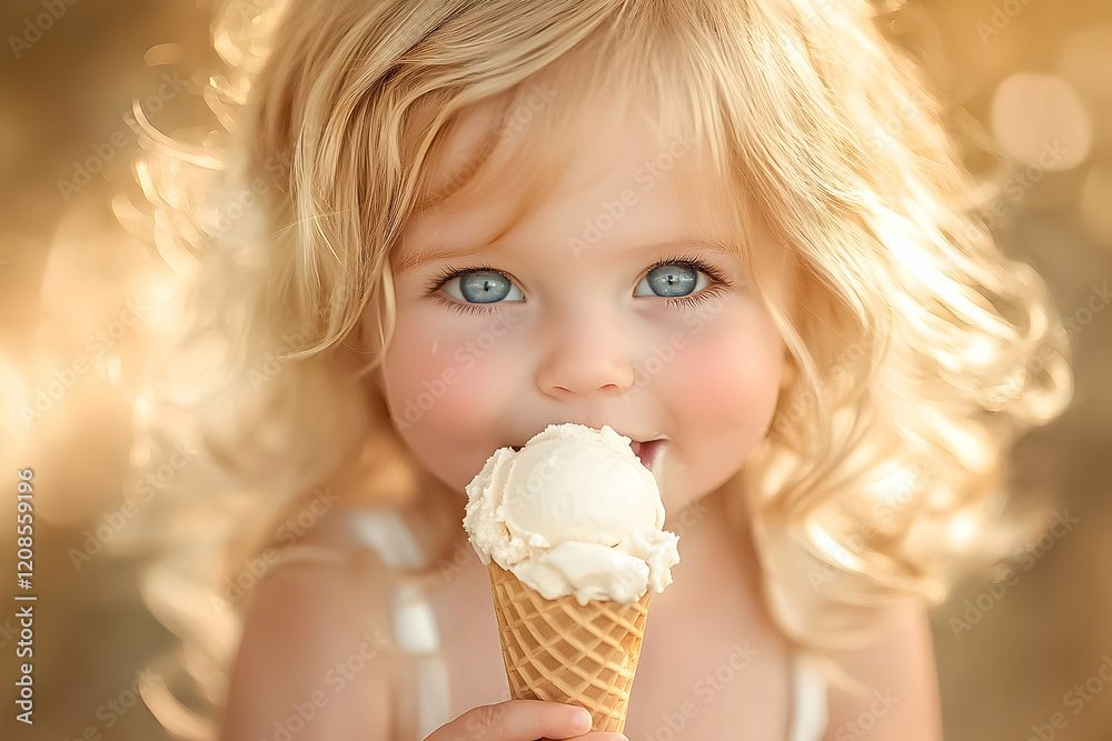 Child enjoying a delicious ice cream cone on a sunny day with a soft golden background Child enjoying a delicious ice cream cone on a sunny day with a soft golden background