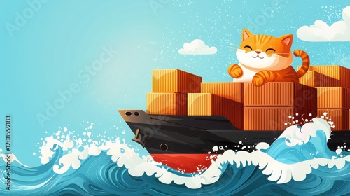 Freight ship journeying through global trade routes with contented cat ocean waves illustrative art bright daylight whimsical concept photo