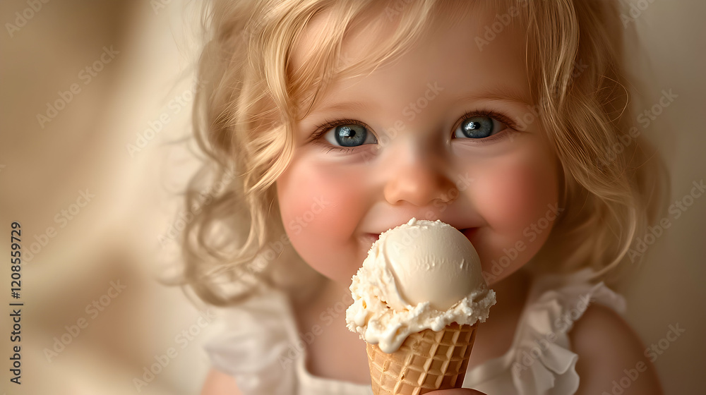 Naklejka premium Sweet moments captured of a toddler enjoying ice cream on a sunny day in a cozy indoor setting