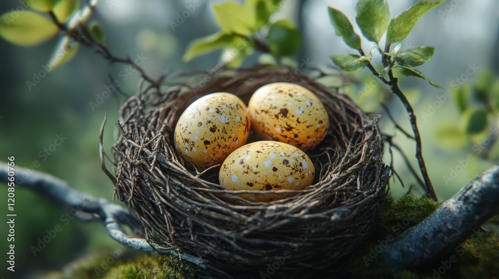 Easter eggs in twig nest on mossy branches amid swedish spring foliage Easter eggs in twig nest on mossy branches amid swedish spring foliage