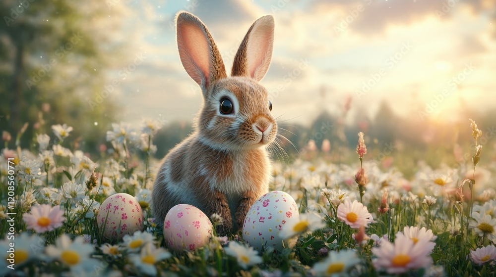 Fototapeta premium Adorable bunny with easter eggs in meadow surrounded by flowers at sunrise