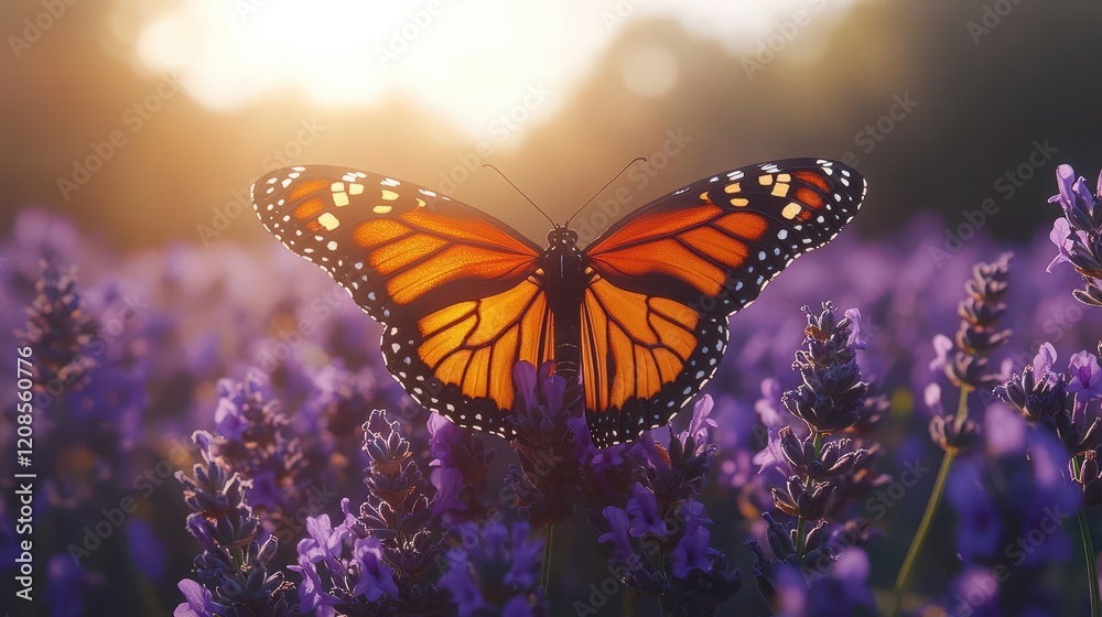 iridescent monarch butterfly perched on purple lavender wings spread wide displaying intricate orange and black patterns in golden afternoon sunlight