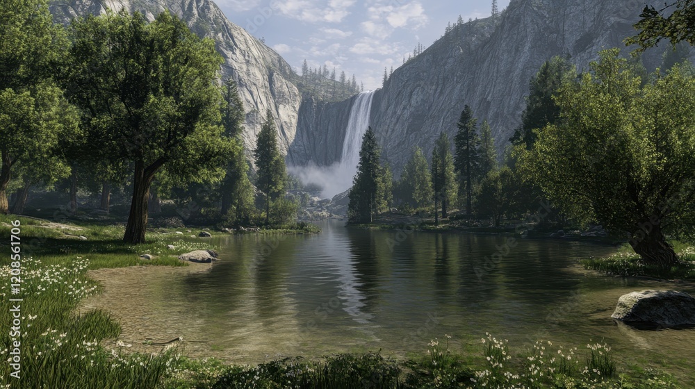 Naklejka premium Majestic waterfall and serene lake in lush forest landscape with clear sky