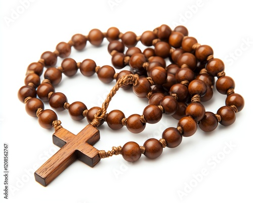 Ancient prayer beads with wooden cross pendant, traditional rosary design isolated on white background