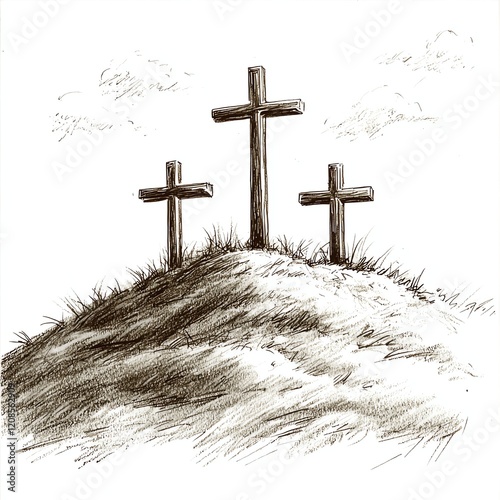 Detailed drawing of three crosses on Calvary hill, dramatic lighting, spiritual elements, traditional religious style, isolated on white background