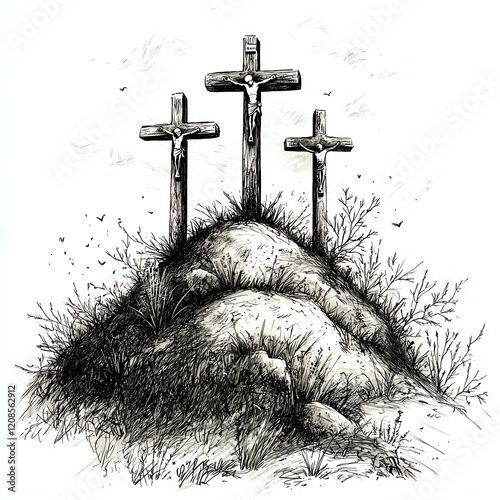 Detailed drawing of three crosses on Calvary hill, dramatic lighting, spiritual elements, traditional religious style, isolated on white background