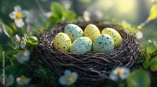 Close-up of yellow and green speckled eggs in a twig nest amidst blossoms