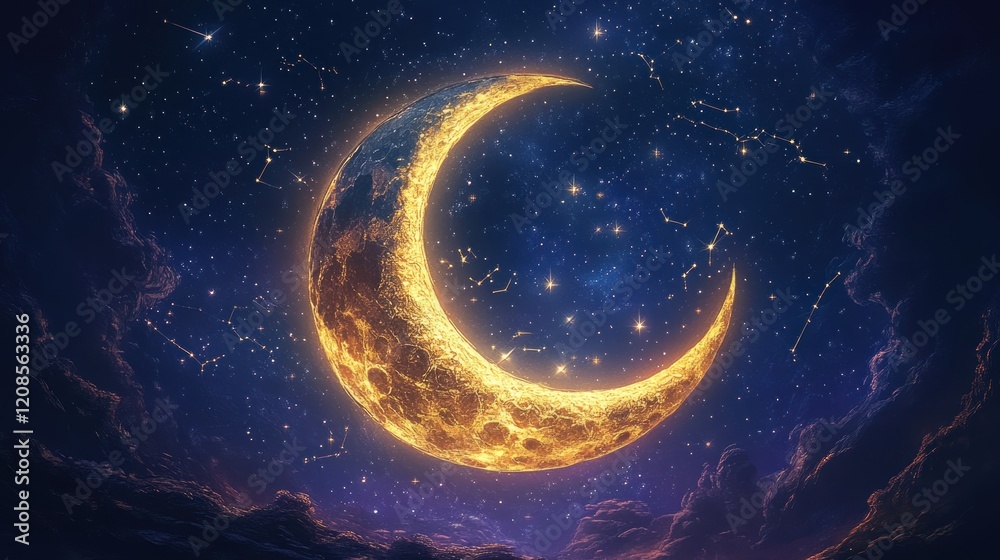 Golden crescent moon, starry night sky, celestial beauty.