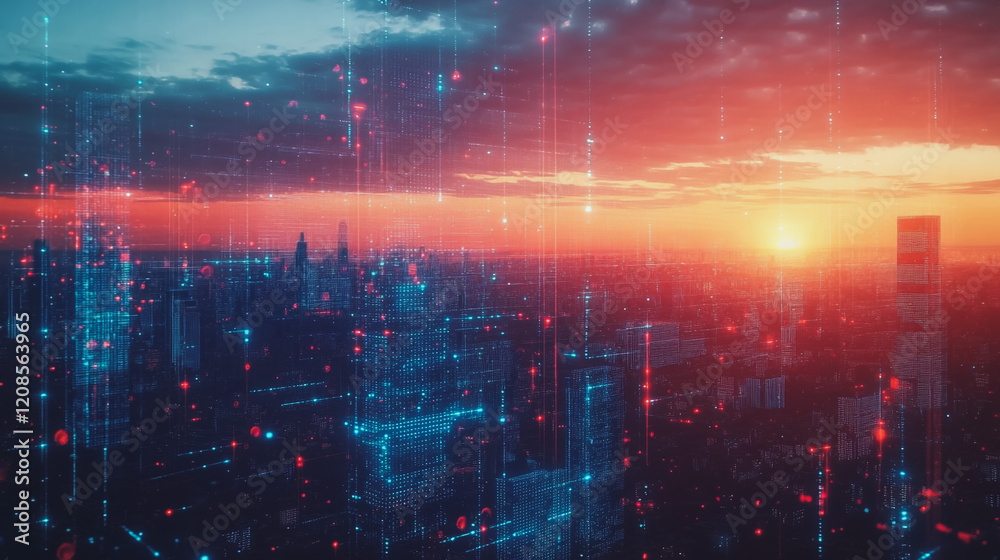 Fototapeta premium Smart digital Innovation city with connection network reciprocity over the cityscape. of future smart wireless digital city and social media networking systems that connects people with in city