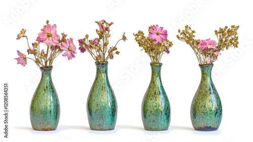 Dried Pink Flowers in Green Ceramic Vases for Decor Generative AI