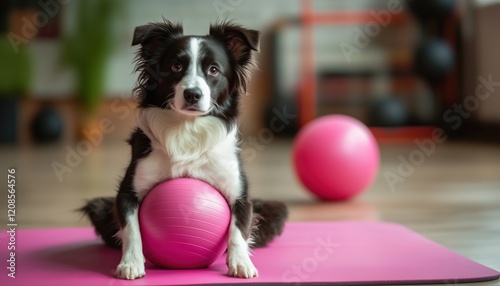 Funny Dog Border Collie Demonstrating Yoga With Gym Ball At Home: Finding Calm And Relaxation During Quarantine By Practicing Yoga.