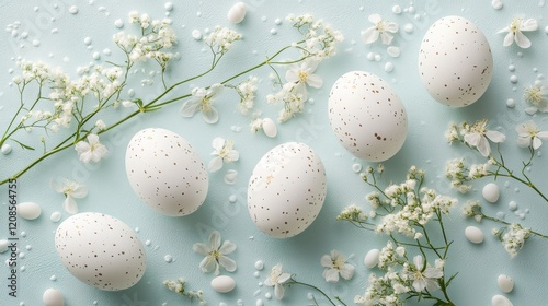 Elegant easter composition with speckled eggs and flowers on pastel background for seasonal design