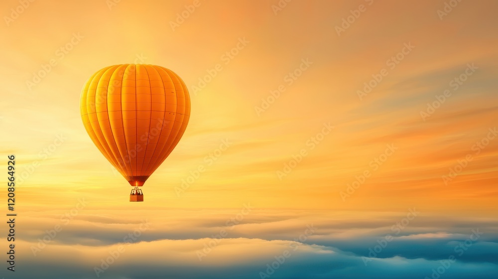 Fototapeta premium Golden Horizon: A single hot air balloon, a beacon of hope and adventure, soars gracefully above a sea of clouds, bathed in the ethereal glow of a breathtaking sunrise.