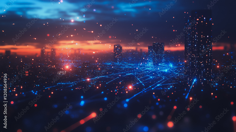 Obraz premium Smart digital Innovation city with connection network reciprocity over the cityscape. of future smart wireless digital city and social media networking systems that connects people with in city