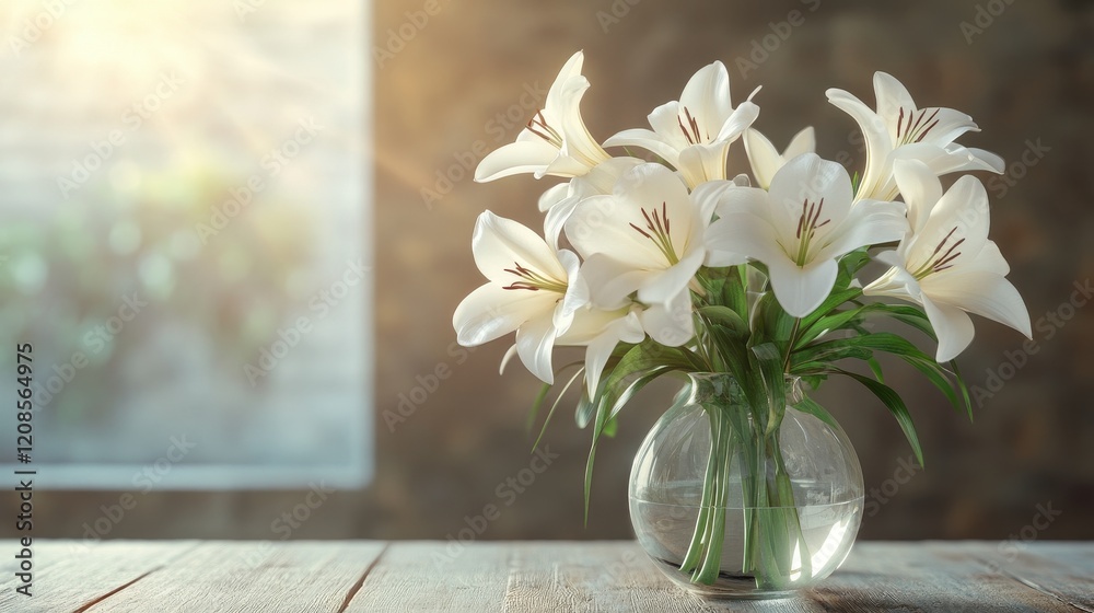Elegant white lilies in vase on table for easter decor and spring inspiration Elegant white lilies in vase on table for easter decor and spring inspiration