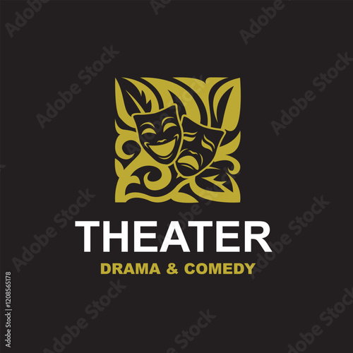 golden icon of comedy and tragedy theatrical masks isolated on black background