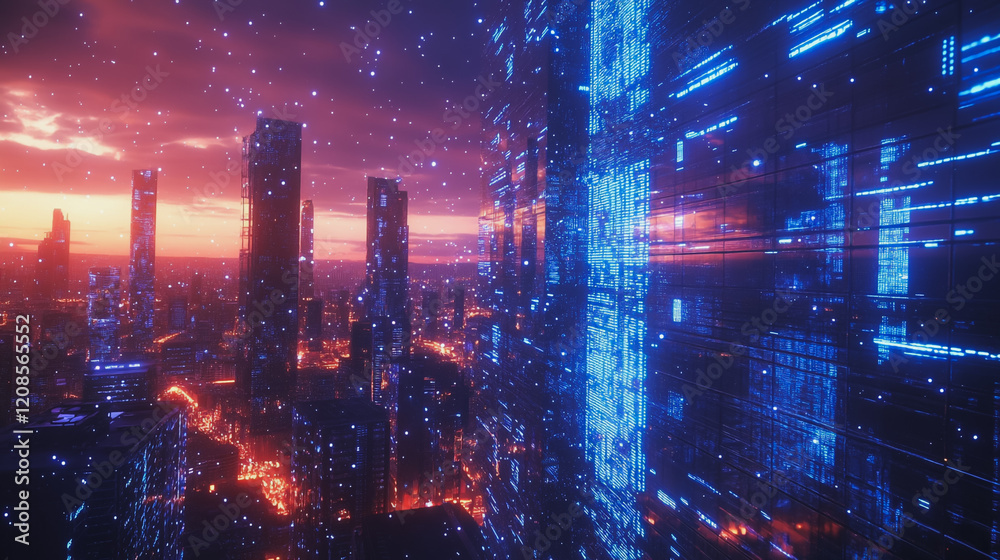 Naklejka premium Smart digital Innovation city with connection network reciprocity over the cityscape. of future smart wireless digital city and social media networking systems that connects people with in city