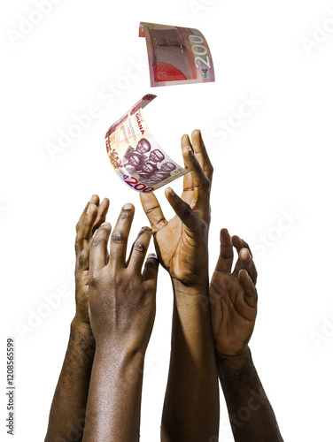 Many black African hands reaching out for Ghanaian cedis notes money over transparent background. Stretching arms for cash
