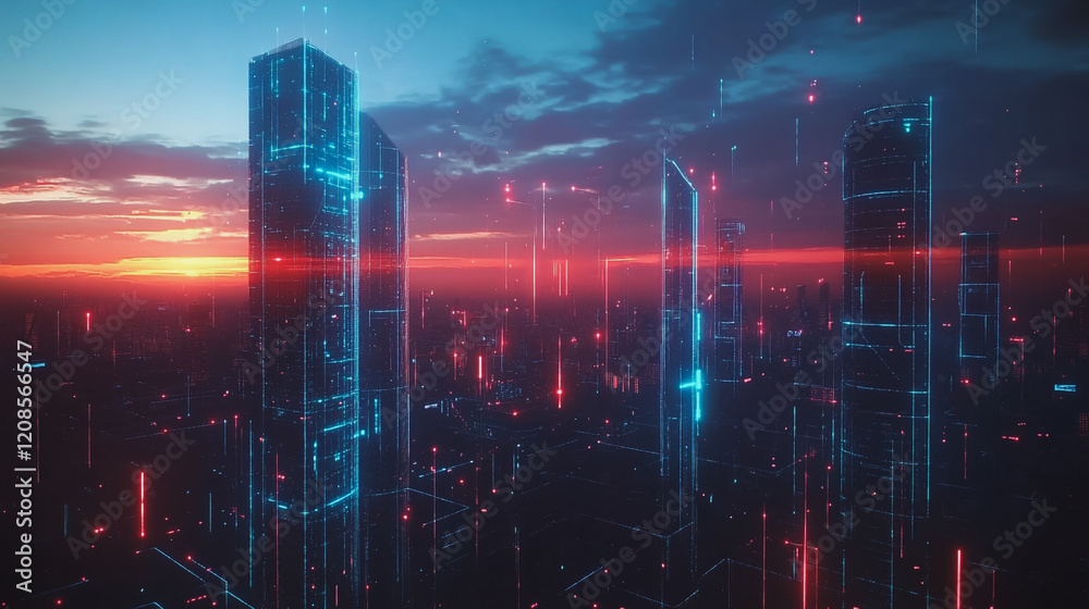 Fototapeta premium Smart digital Innovation city with connection network reciprocity over the cityscape. of future smart wireless digital city and social media networking systems that connects people with in city
