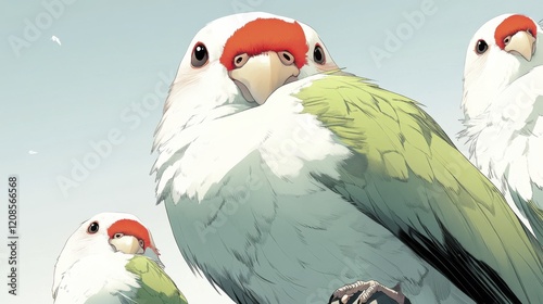 Close-up of three green and white parrots with red faces perched together photo