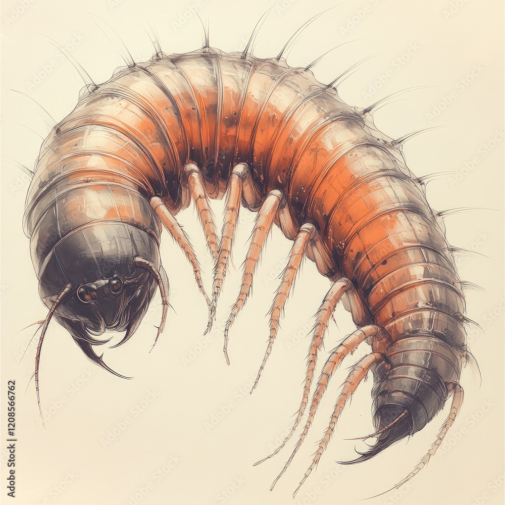 Fototapeta premium Detailed drawing of a segmented, many-legged creature.