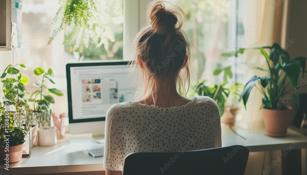 Creative Home Office: Woman Working On Computer As A Self-Employed Freelancer And Student Learning Online In A Modern Remote Work Setting. Creative Home Office: Woman Working On Computer As A Self-Employed Freelancer And Student Learning Online In A Modern Remote Work Setting.