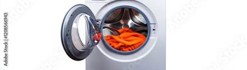 A modern washing machine with a clean open door, displaying an orange garment inside, isolated on a pure white background to emphasize the vibrant color contrast