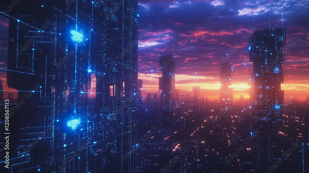 Fototapeta premium Smart digital Innovation city with connection network reciprocity over the cityscape. of future smart wireless digital city and social media networking systems that connects people with in city