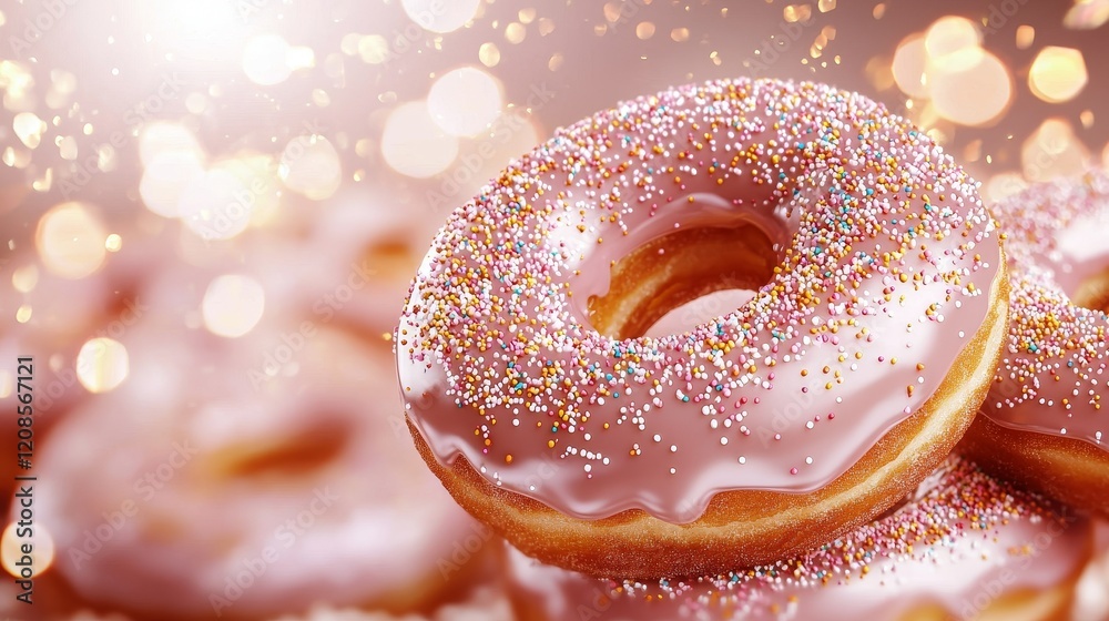 Close-up of freshly baked donuts with glossy glaze and colorful sprinkles, soft lighting in a cozy bakery setting, perfect for sweet visuals Close-up of freshly baked donuts with glossy glaze and colorful sprinkles, soft lighting in a cozy bakery setting, perfect for sweet visuals