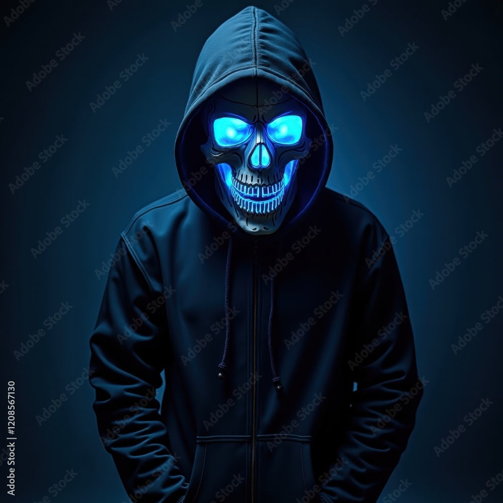 A hoodie skull neon blue side looking death metal A hoodie skull neon blue side looking death metal