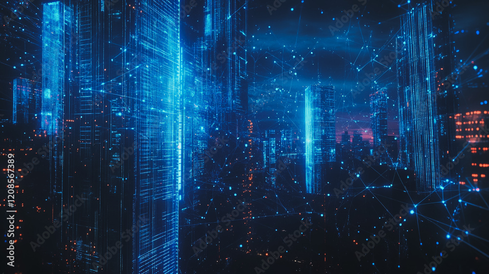 Obraz premium Smart digital Innovation city with connection network reciprocity over the cityscape. of future smart wireless digital city and social media networking systems that connects people with in city
