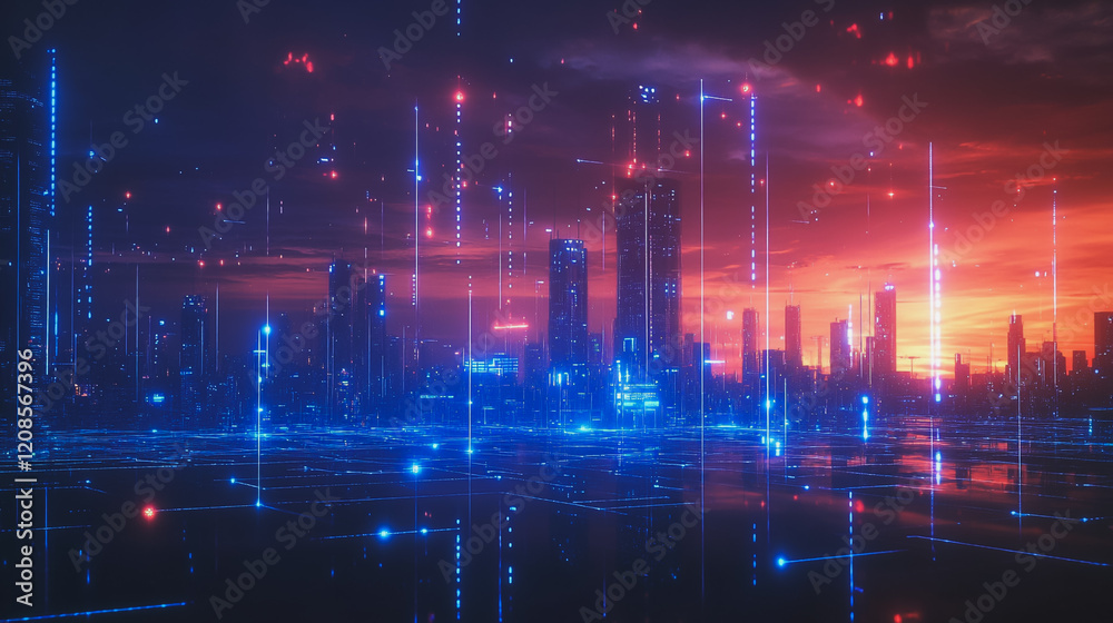 Obraz premium Smart digital Innovation city with connection network reciprocity over the cityscape. of future smart wireless digital city and social media networking systems that connects people with in city