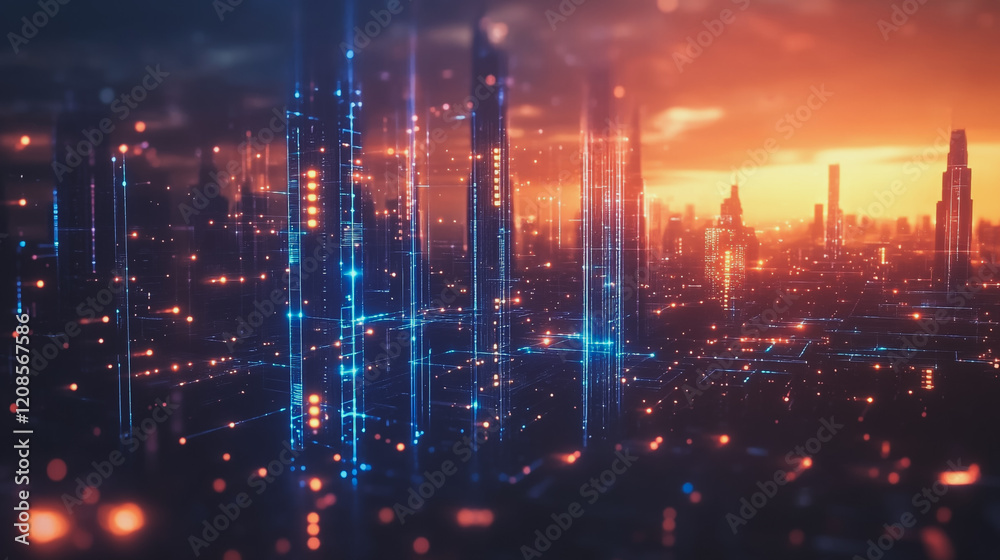Obraz premium Smart digital Innovation city with connection network reciprocity over the cityscape. of future smart wireless digital city and social media networking systems that connects people with in city