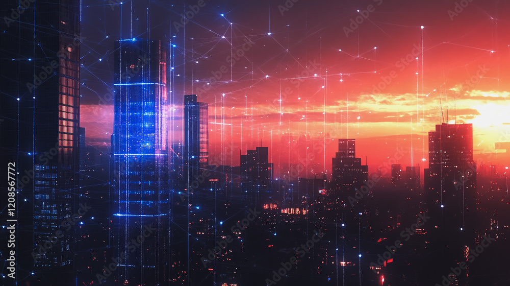 Obraz premium Smart digital Innovation city with connection network reciprocity over the cityscape. of future smart wireless digital city and social media networking systems that connects people with in city