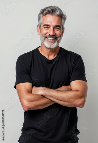 Confident middle-aged man in black t-shirt, exuding warmth and approachability.


