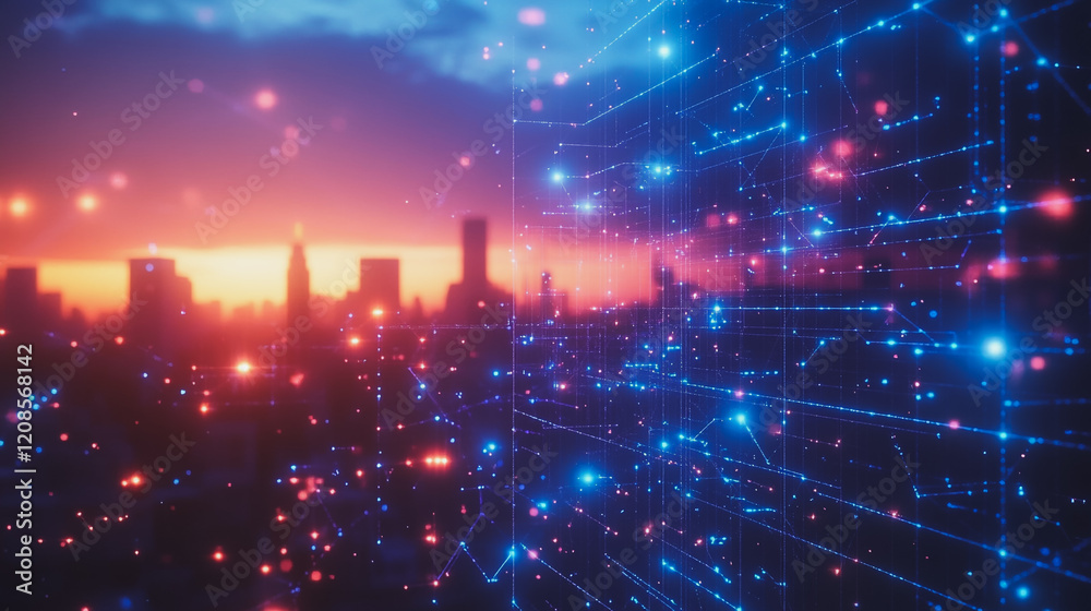 Obraz premium Smart digital Innovation city with connection network reciprocity over the cityscape. of future smart wireless digital city and social media networking systems that connects people with in city