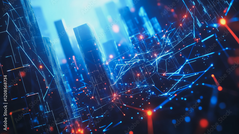 Fototapeta premium Smart digital Innovation city with connection network reciprocity over the cityscape. of future smart wireless digital city and social media networking systems that connects people with in city