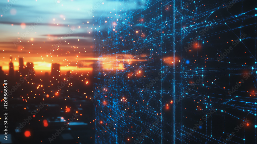 Obraz premium Smart digital Innovation city with connection network reciprocity over the cityscape. of future smart wireless digital city and social media networking systems that connects people with in city