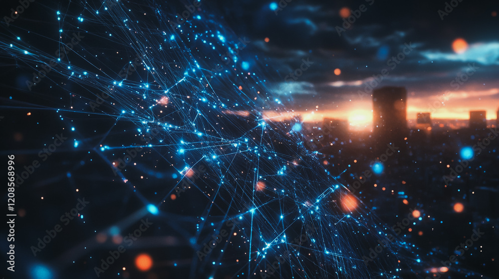 Obraz premium Smart digital Innovation city with connection network reciprocity over the cityscape. of future smart wireless digital city and social media networking systems that connects people with in city