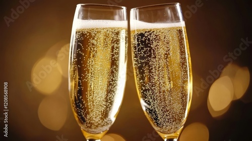 Clinking champagne flutes with bubbles. Celebration background