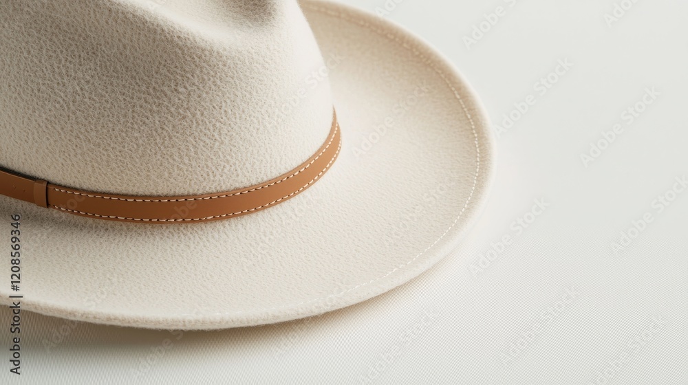 Minimalist close-up of a stylish beige felt hat with a wide brim, its clean lines and neutral tones sharply contrasted against a white backdrop Minimalist close-up of a stylish beige felt hat with a wide brim, its clean lines and neutral tones sharply contrasted against a white backdrop