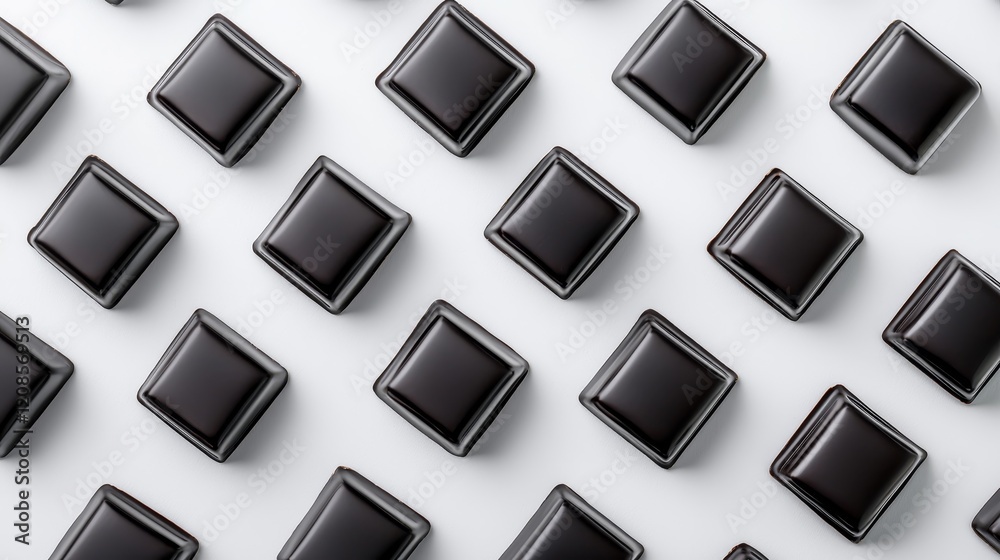 Minimalist composition of black square chocolate packaging in a diagonal perspective, floating on a pristine white background