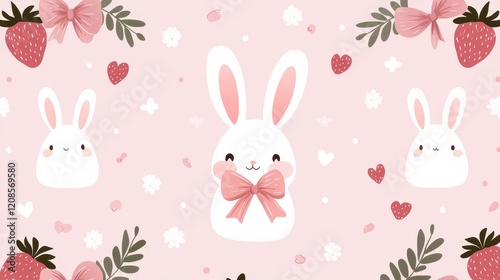 Minimalist depiction of rabbits, strawberries, and bows in a balanced layout, creating a sweet and sophisticated motif on a light pink backdrop