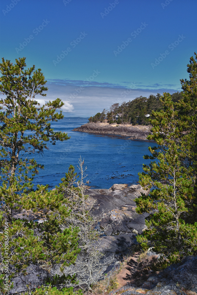 Shark Reef Sanctuary coastal ocean views Lopez Island, San Juan Islands summer 2024, Washington, United States.