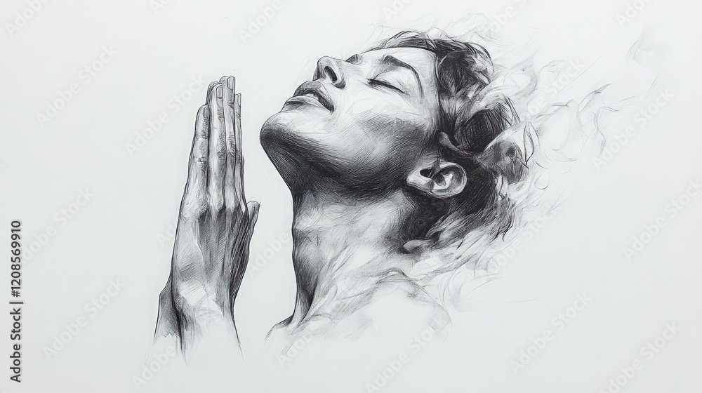 Fototapeta premium Graphite sketch, woman praying, serene, ethereal.