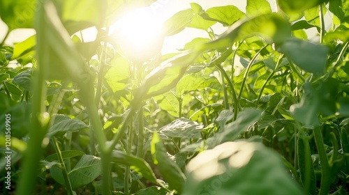 Workers harvesting vibrant green beans in a well-organized vegetable farm, sunlight casting soft shadows on neatly aligned rows of plants, dynamic low-angle view photo