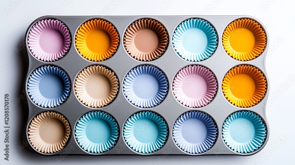 Minimalistic display of an empty muffin tin tray, perfectly arranged, sharp details on a pure white background, ideal for culinary presentations Minimalistic display of an empty muffin tin tray, perfectly arranged, sharp details on a pure white background, ideal for culinary presentations