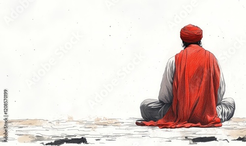 Man in red turban sits, back view, contemplative pose. photo