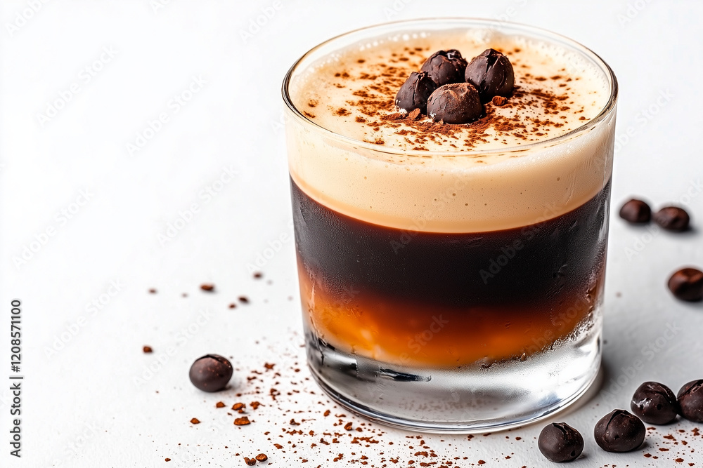 Layered Coffee Beverage with Cocoa and Coffee Bean Garnish Layered Coffee Beverage with Cocoa and Coffee Bean Garnish